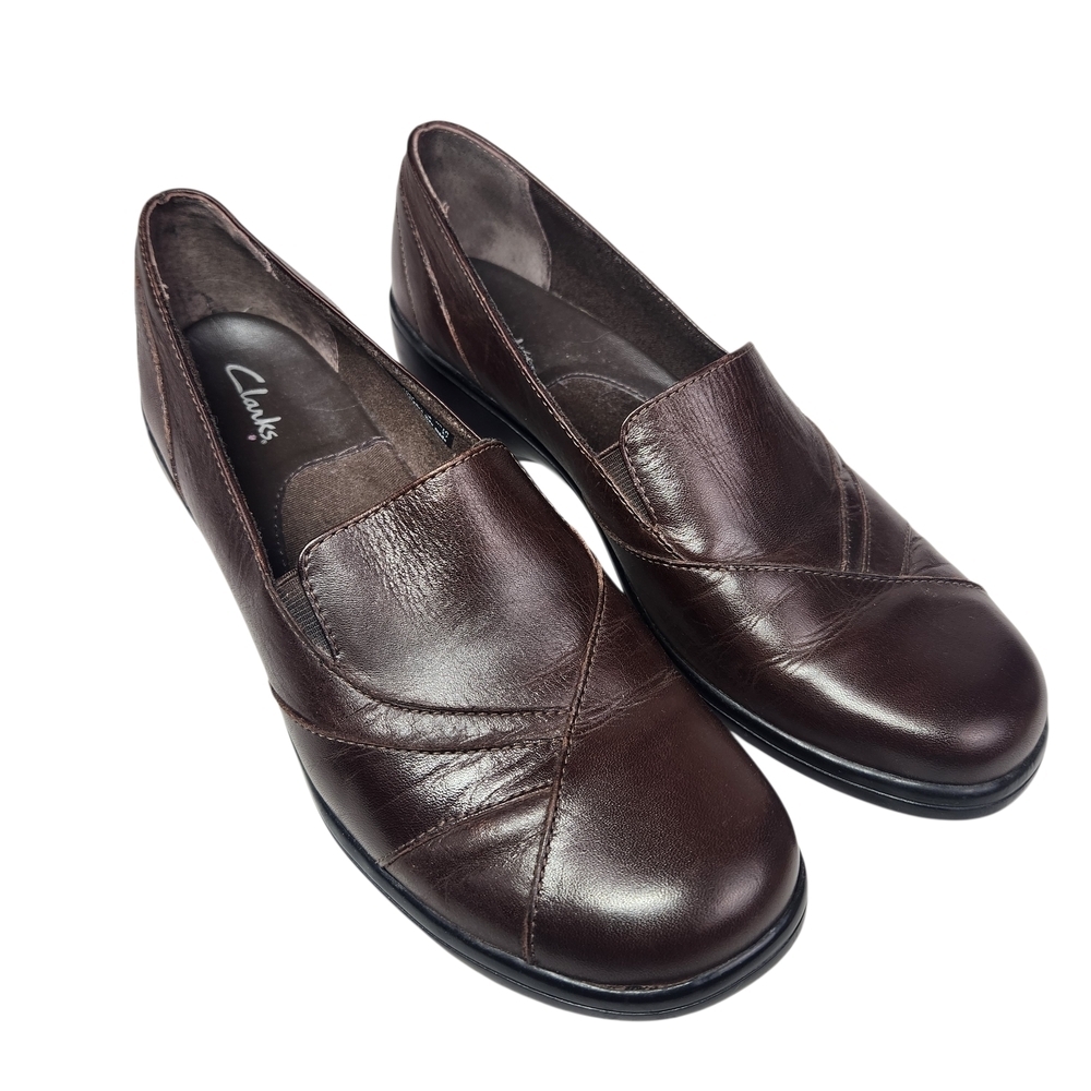 Clarks Women's 10M Brown Leather Slip-On Loafers Comfort Preppy Academia Casual - Picture 2 of 13